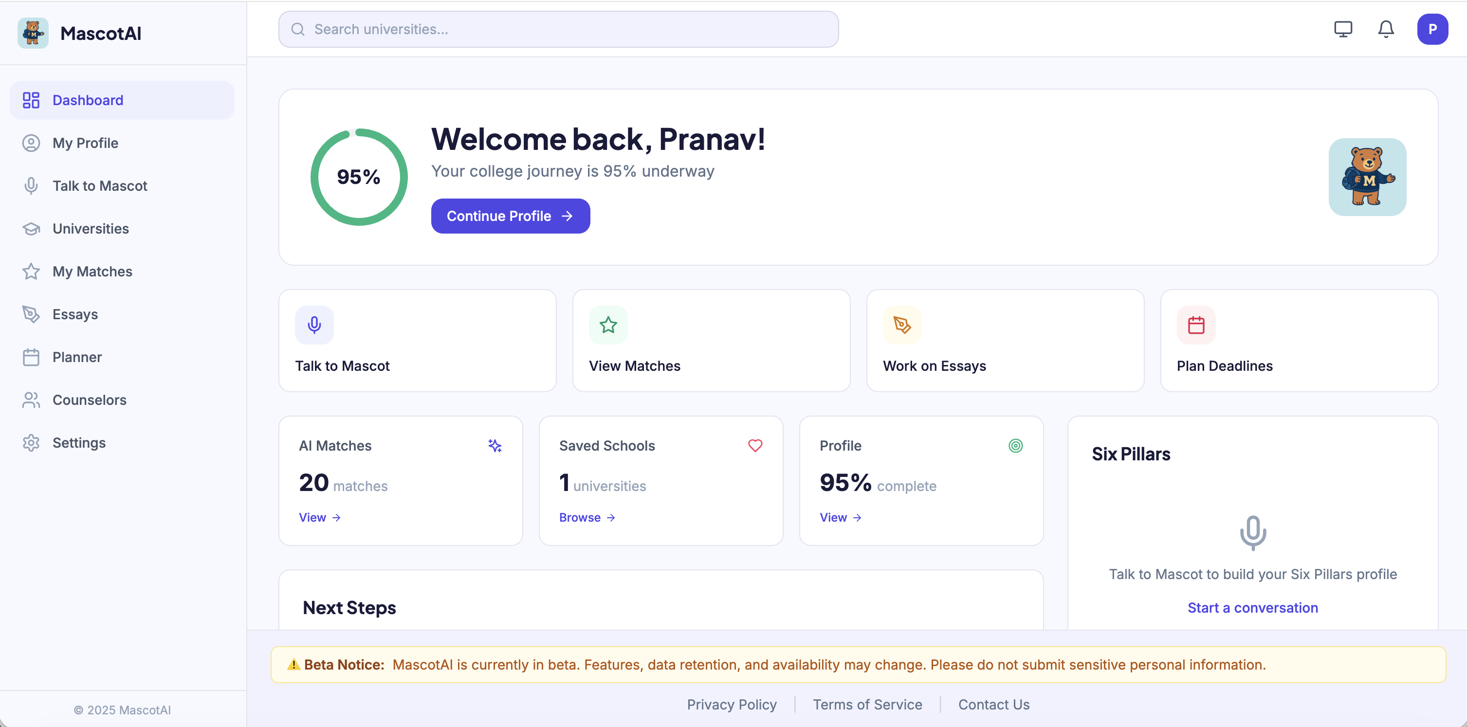 Mascot AI student dashboard